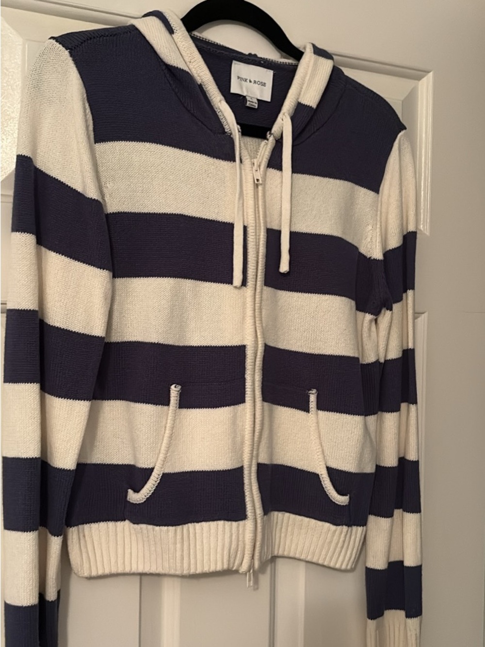 Pink Rose Navy and Cream Striped Zip Sweater Hoodie